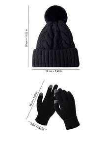 2pcs/Set Winter Knitted Beanie Hat With Thick Lining & Large Brim, Versatile Warm Solid Color Riding & Outdoor Hat And Gloves Set, European And American Style, For Women Winter Gear - Multicolor - View 2