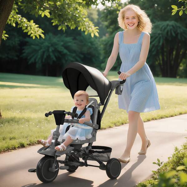 QABA Tricycle pour tout-petits, tricycle pliable 6 en 1 pour enfants avec poignée de poussée réglable, auvent amovible, siège pivotant, harnais de , barrière de amovible, pour enfants de 1 à 5 ans, noir