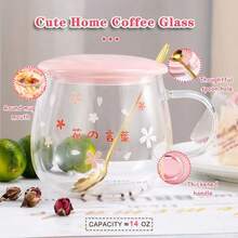 Cute Home Coffee Glass Creative 14Oz Large Capacity Tea Cup With Handle And Lid Office Heat Resistant Sakura Cup Water Glasses Coffee Cups Pink C 3 Piece Set - 粉紅C - 查看 6