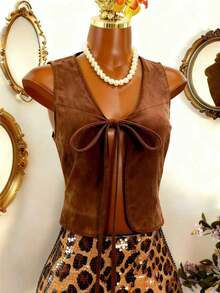 Women's New Fashion Sexy Western Cowgirl Style Retro Open Front Suede Sleeveless Vest, Versatile Casual Tie-Up Design Street Style Suitable For Travel - Brown - View 4