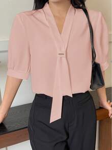 女士纯色短袖休闲办公衬衫 - 粉色 - 查看 4