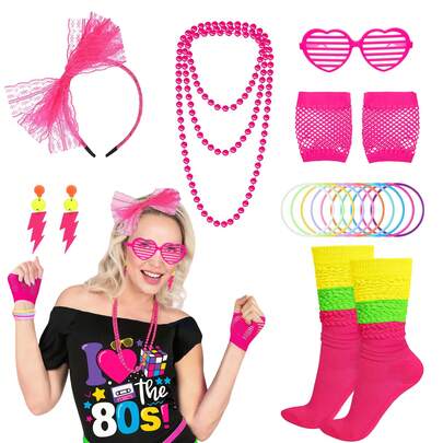 Abito da festa anni '80 per donna con maglietta, fascia per capelli, braccialetti, calze, orecchini, collana, occhiali, maniche in rete. Outfit anni '80 per festa a tema retrò, cosplay e travestimento