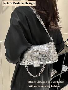 Vintage Punk Studded Underarm Bag For Women, Crocodile-Embossed PU Leather Purse With Metal Chain Decor - Solid Color Rivet Chain Shoulder Bag For Handheld & Shoulder Carry, Hot Girls Clutch Evening Bag Banquet Square Handbag & Satchel Purse For Wedding Party Prom, Women's Chain Decor Underarm Bag Casual Phone Coin Bags,Fashionable Niche Design, Steampunk, Goth,Bag For Women, Cool Girls Street Wear,Perfect For Music Festival, Concert, Rock Style Bag For Women For Evening Events, Concerts, Dates, Holds Phone, Lipstick, Keys In Edgy Gothic Style[US Local Warehouse] - 彩色 - 查看 2