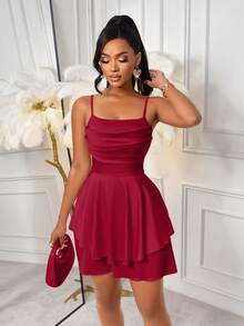 Elegant Women's Solid Color Spaghetti Strap Ruffle Hem Short Dress