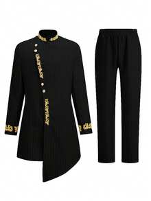 Men's Casual Long-Sleeved Two-Piece Suit, Mid-Length Top And Trousers - Black - View 2