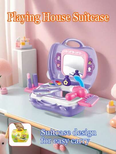Portable Storage Suitcase For Kids' Pretend Play Toys. Made Of PP Material, Designed For Parent-Child Interaction With Girls Aged 3-8. Includes Carpentry Tool Games, Simulated Kitchen Tableware Play, Makeup Games