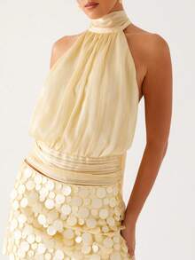 Women's Halter Pleated Chiffon Tank Top Sleeveless Neckline Tie-Up Open Back Tie Casual Blouses 2025 Summer Tops - 黃色 - 查看 2