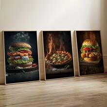 Set de 3 carteles de lienzo creativos sin marco, pintura de hamburguesa y pizza, pintura de lienzo, obra de arte de pared, adecuada para decoración del hogar, decoración de habitación, decoración de dormitorio, decoración de sala de estar, decoración de cocina, decoración de pared, arte de pared opcional con marco