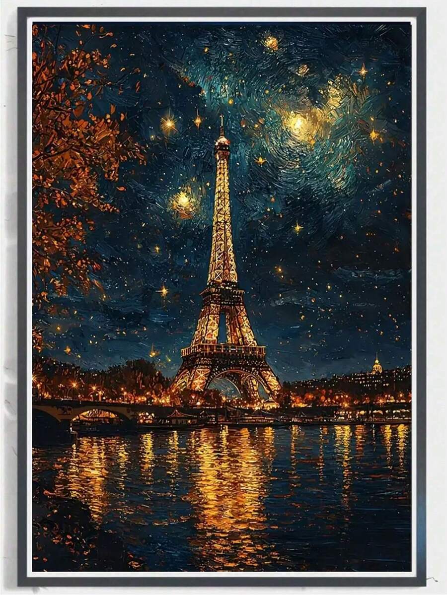 DIY风景系列，埃菲尔铁塔图案满月钻石艺术画套装，满圆钻石艺术家居墙面装饰礼物 - 彩色 - 查看 1