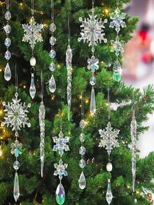 18 pièces Ornements de Noël en cristal pour décorer l'arbre - Ornements en acrylique en forme de flocon de neige et glaçon avec pendentifs à suspendre pour un décor de merveille d'hiver, cristaux pour lustre (clair, bleu, rose, multicolore)