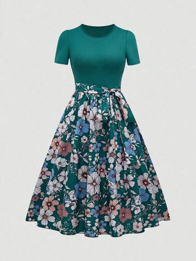 Vestido de cuello redondo con estampado floral para mujer,Elegante vestido de manga corta con cinturón