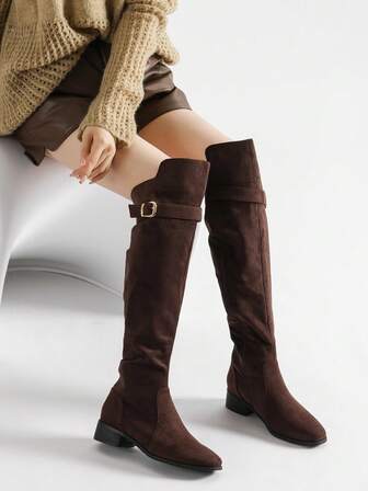 New Arrival Minimalist Zipper Easy To Wear, Elongating Legs, Elevating Over-The-Knee Round Toe Block Heel Buckle Strap Women's Fashion Tall Boots, Elegant Polyester Patchwork Ladies Outdoor Boots For Autumn/Winter