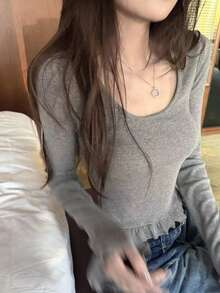 荷叶边/罗纹灰色弹力竹节针织圆领生菜边毛衣上衣 - 灰色 - 查看 5