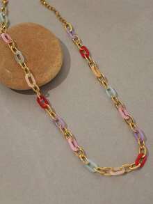 Frminee 1pc Summer Women's Dopamine Color Charm 18k Gold Plated Stainless Steel Necklace, Summer Beach Style Necklace For Women, Bohemian Jewelry Accessories - Colorful - 查看 5