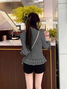 Women's Apricot Versatile Knitted Cardigan With Ruffle Hem, Long Sleeve Fitted V-Neck Sweater, Autumn/Winter