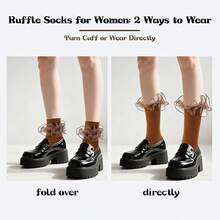 Women Big Ruffle Ankle Socks Adult Double Lace Frilly Socks Fold Cuff Cotton Ruffled Dress Crew Bobby Bride Sock - màu nâu - Xem 4