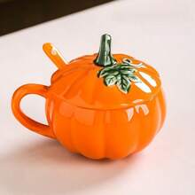 1pc Ceramic Pumpkin Shaped Mug With Lid And Spoon, Reusable Insulated Cup For Hot And Cold Drinks, Hand Wash Only, 2 Colors (Orange And White), Suitable For Home, Office, Breakfast, Summer And Winter, Coffee Shop Accessory, Seasonal Beverage, Holiday Drink, Durable Coffee Cup - Multicolor - View 4