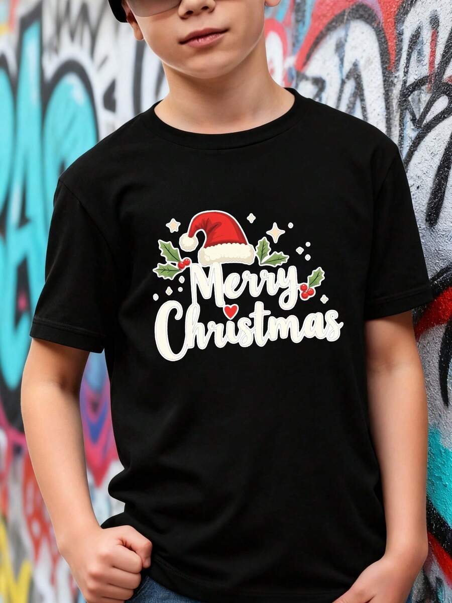 Playeras de niño Feliz Navidad Sombrero de Santa Acebo Estrellas sudaderas de niño conjuntos para adolescentes Camiseta de Halloween para niñas Camisetas navideñas Camisetas de niña Regalos navideños Camisetas para niños y niñas La tela es suave, transpirable y cómoda, hecha de puro - Negro - Ver 1