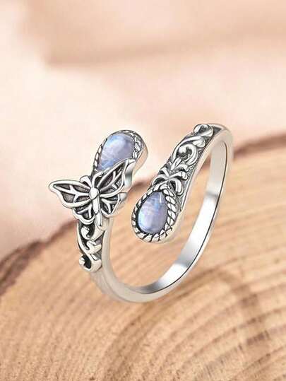 1pc Boho Style Vintage Dragonfly Moonstone Adjustable Open Ring, Suitable For Women Everyday Wear And Gift