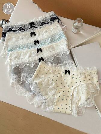 6pcs Cute Japanese Style Plaid, Polka Dot, Floral Lace Trim Sweet 100% Cotton Women's Panties