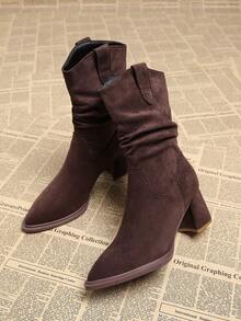 2025秋季新款优雅棕色女靴，粗跟高跟尖头秋冬靴，百搭时尚西部风褶皱踝靴 - 棕色 - 查看 3