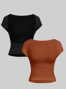 Kit 3 / Kit 2 Backless Blouses With Open Back And Lined Bust - 赤陶和黑色 - 查看 1