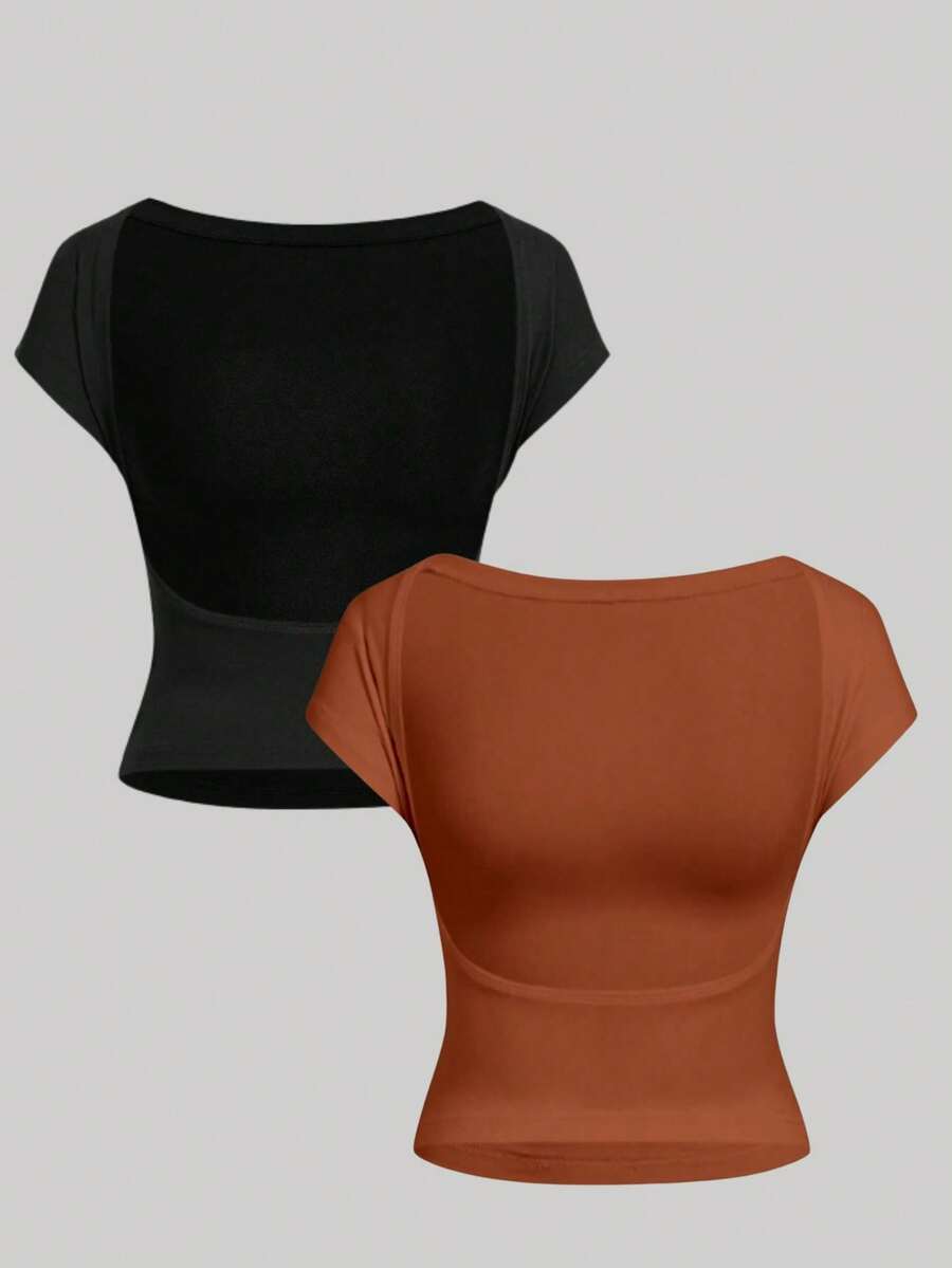 Kit 3 / Kit 2 Backless Blouses With Open Back And Lined Bust - 赤陶和黑色 - 查看 1
