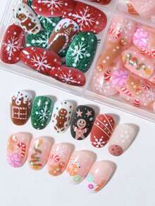 96pcs (4mixed ) Short Oval Cute Candy Cane Gingerbread Man French Tips Press On Nails ,Contain 1pc Jelly Glue And 1pc Nail File,Christmas Nails,With Storage Box As For Suitable For Women And Girls Daily Life And Party Use