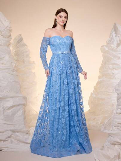 Mgiacy-Pop,New Arrival,Off Shoulder,Contrast Lace,Elegant,Ball Dress,Belt,Bow,A-Line Dress,Long Sleeve,FOR,Graduation,Prom Wedding,Wedding Guest,Party Dress,Wedding Guest Dress, Evening Dress