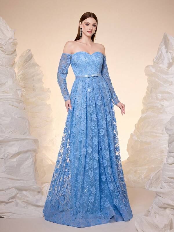 Mgiacy-Pop, Nowość, Odkryte ramiona, Koronka kontrastowa, Elegancka, Suknia balowa, Pasek, Kokarda, Sukienka w kształcie litery A, Długi rękaw, NA, Ukończenie szkoły, Bal maturalny, Ślub, Gość weselny, Suknia imprezowa, Suknia dla gościa weselnego, Suknia wieczorowa