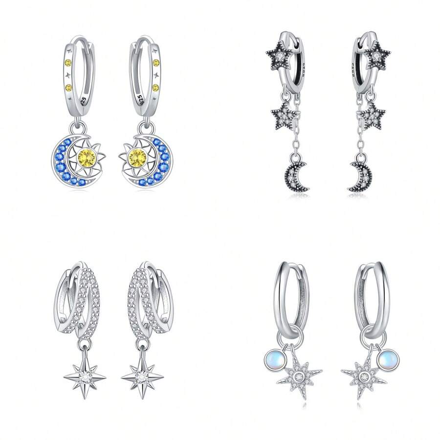 Orstarry 1 Pair Of S925 Hypoallergenic Sterling Silver Hoop Earrings Star, Moon And Sun Motif Earrings Minimalist, Elegant And Graceful Style Ladies' Gift, Birthday Commemorative Item, Valentine's Day Present