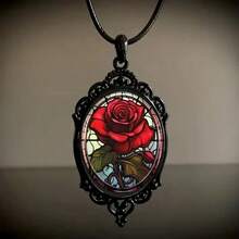 Gorgeous Charming Oval Glass Pendant Necklace - Red Roses In Vintage Black Frame - Black - View 3