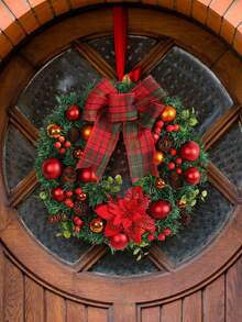 1 Stück, 37,5 cm Weihnachtskugel-Kranz-Anhänger, mit künstlichen Blumen und Schleifen-Design, geeignet als festliche Dekoration für Zuhause, Innenraumgestaltung, Aufhängen an der Haustür und Wanddekoration. Weihnachtsdekorationen, Winterraumdekoration, Weihnachtsdekorationen Zuhause, Weihnachtsgeschenke, Weihnachtsdekoration - Verschiedenfarbig - Übersicht 2
