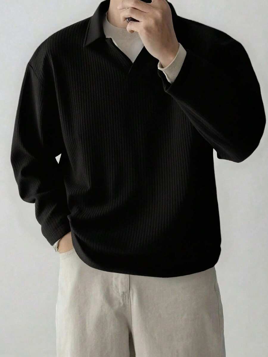 Men's Black V-Neck Polo Shirt, New Stylish Design Collared Pullover Top For Spring & Autumn