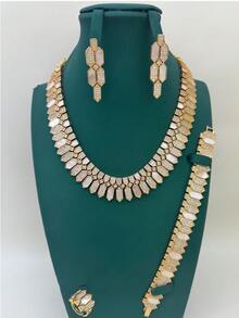 4pcs Dubai Style Luxury Seashell Jewelry Set, Micro-Inlaid Zirconia Necklace, Bracelet, Ring, Earrings, Fashionable Middle Eastern Style, Suitable For Daily Wear, One Size
