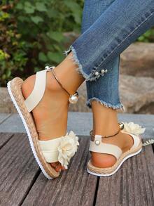 Floral Beach Slip-On Sandals For Women, Sweet Bohemian Style, Versatile For Beach Vacation, Non-Slip Soft Sole - Beige - View 7