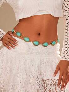 1 peça Corrente de cintura feminina vintage boêmia turquesa, versátil e moderna, adequada para primavera, verão, outono e inverno. Sexy e elegante, corrente de cintura feminina ajustável para festas de casamento. - ouro antigo - Visão 5