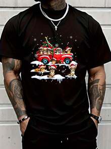 Men's Cotton Shirt Chihuahua Dog Riding Red Truck Ugly Sweater Merry Christmas T-Shirt Graphic T Shirts - Black - View 1