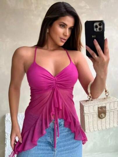 blusa feminina  com babados, blusa de alças finas, blusa com decote V, blusa com amarração Nas Costa  blusa transparente leve, blusa de verão,2025