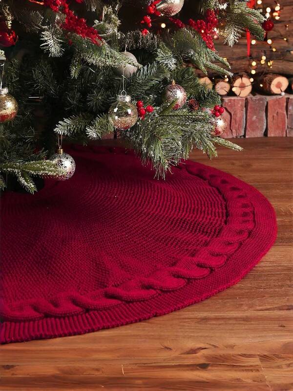1PC Red Christmas Tree Skirt, Minimalist Knitted Round Tree Skirt With Cable Knit Edge Detail, Decorative & Protective Christmas Tree Base Cover For Christmas Home Decoration