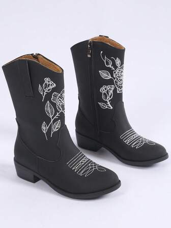 1 par de botas clásicas para niñas, botas de montar versátiles, elegantes y casuales con bordados occidentales, cómodas y antideslizantes, de estilo retro y ligeras, adecuadas para uso diario