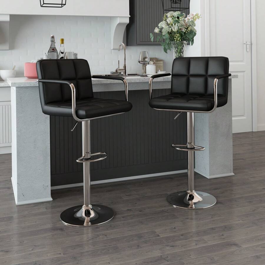 Bar Stools Set Of 2, Faux Leather Breakfast Bars Stools, Swivel Height Adjustable Bar Chairs With Armrest Backrest And Footrest For Breakfast Bars Counter Kitchen Restaurant, Black - Black - View 1