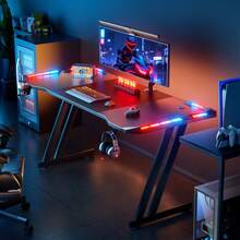 HLDIRECT Gaming Desk With LED Lights Carbon Fibre Surface Gaming Table Large Computer Desk Ergonomic Home Office Desks Z Shaped PC Gamer Workstations With Cup Holder & Headphone Hook - Black - View 3