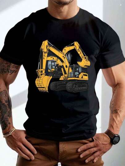 Camiseta Casual de Cuello Redondo para Hombre con Diseño de Excavadora Amarilla Industrial, Tejido de Punto 100% Poliéster, Ligera Elasticidad, Ajuste Regular, Patrón Geométrico, Top de Verano para Adultos, Talla Grande