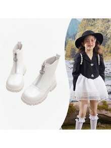 1 Pair Minimalist Solid Color Front Zipper Glossy Children Boots, Suitable For Outdoor Play, Autumn/Winter Season