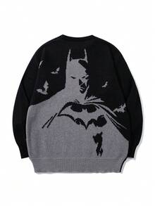 Warner Bros 男士休闲宽松蝙蝠侠提花图案圆领长袖套头毛衣，街头风，适合秋冬季穿着 - 黑色 - 查看 4