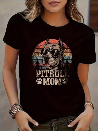 Camiseta Casual de Manga Corta para Mujeres - Patrón de Mamá Pitbull Negra, Diseño de Gafas de Moda y Atardecer, Texto Mamá Pitbull y Estampado de Pata, Top de Cuello Redondo Lavable aáquina, Estilo Cómodo de Primavera Verano, Imprescindible para Amantes de Pitbull, Material Semi-Transparente, Diseño Divertido Blusas Elegantes Para Mujer Blusa Conjunto de Otoño Para Mujeres Camisa Conjunto de Navidad para Mujeres
