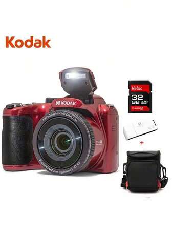 Kodak AZ255 Telephoto Camera, 16.35-Megapixel CMOS, 3-Inch Screen, 25x Optical Zoom, Optical Image Stabilization, 24mm Wide-Angle Lens, HD Video, Red Package