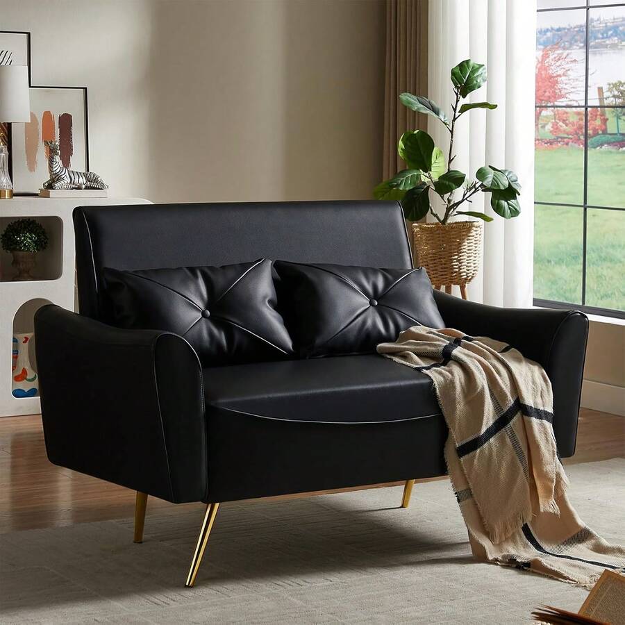 48" Faux Leather Loveseat Sofa, Modern Small Couch For Small Space With 2 Pillows, 2 Seater Futon Couch For Living Room, Bedroom, Office, Apartment (Black),24327506 - 黑色 - 查看 1
