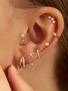 7pcs Fashionable Minimalist Zirconia Clip-On Earrings Set, Versatile For Dating, Party, Daily Wear, Gift For Friends, Mom, Girlfriend - Yellow Gold - View 6